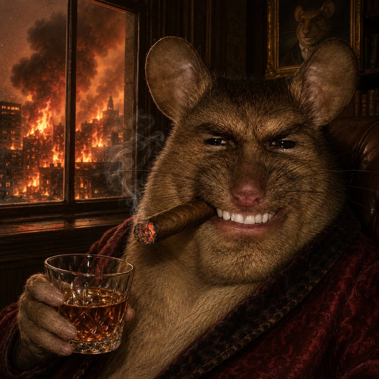 Gigarat in a dark luxury room with a cigar and burning city outside