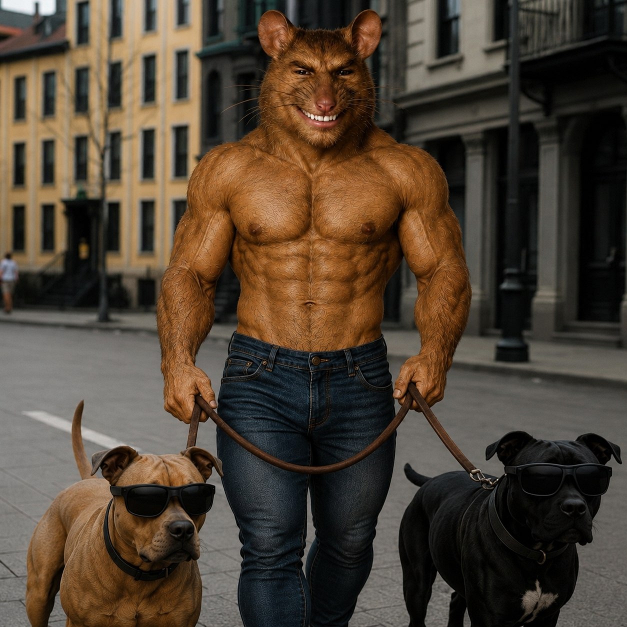 Gigarat walking two dogs through a city street