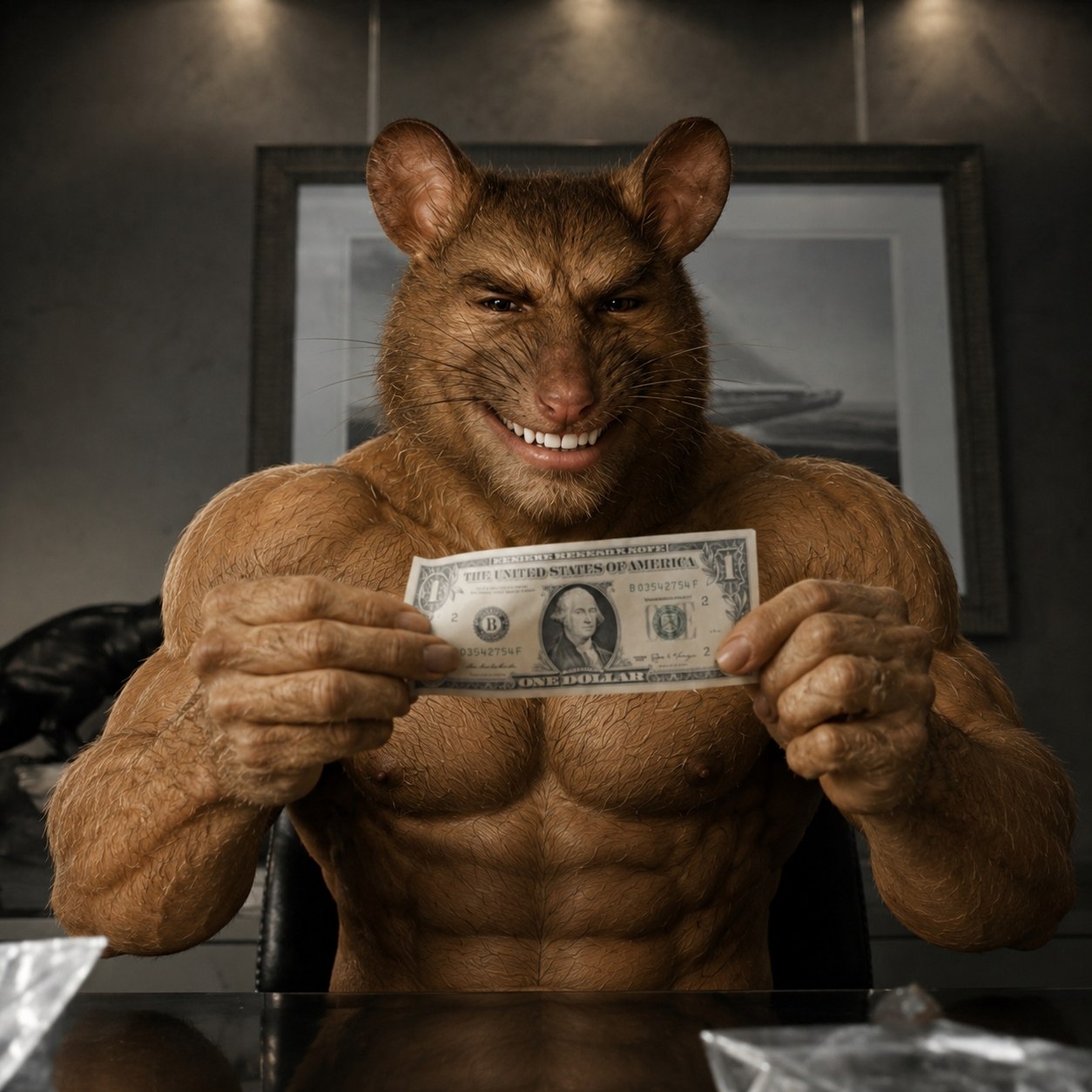 Gigarat holding a dollar bill at a desk