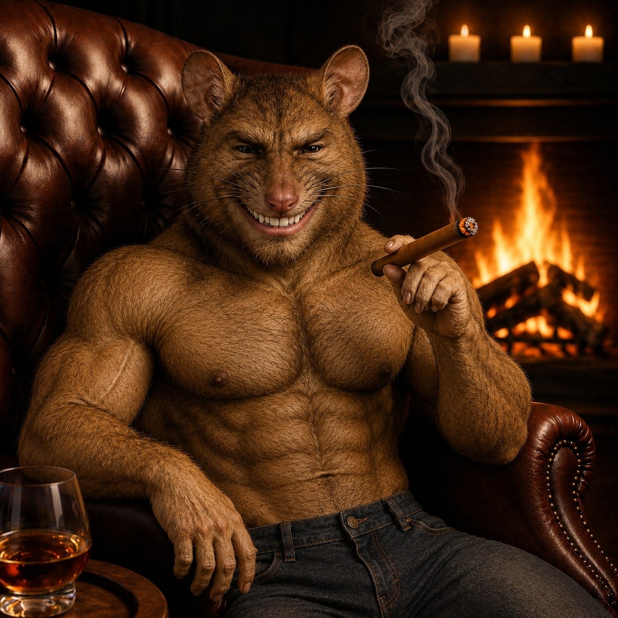 Gigarat sitting by a fireplace in a leather chair with a cigar