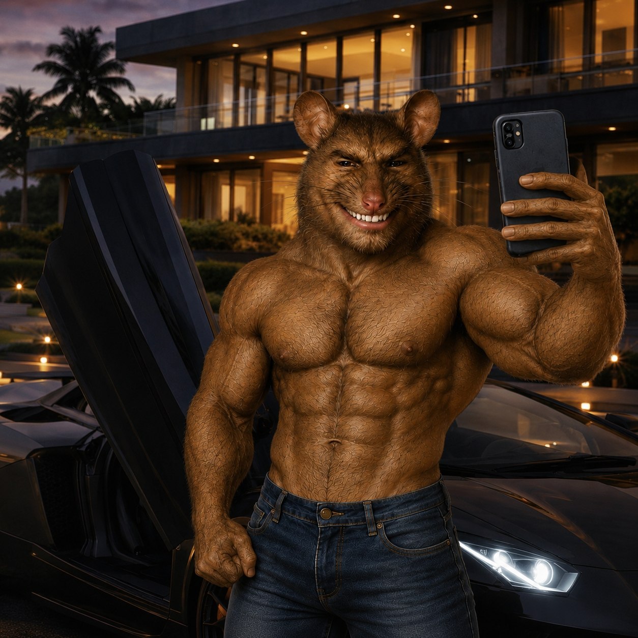 Gigarat taking a selfie beside a black sports car outside a mansion
