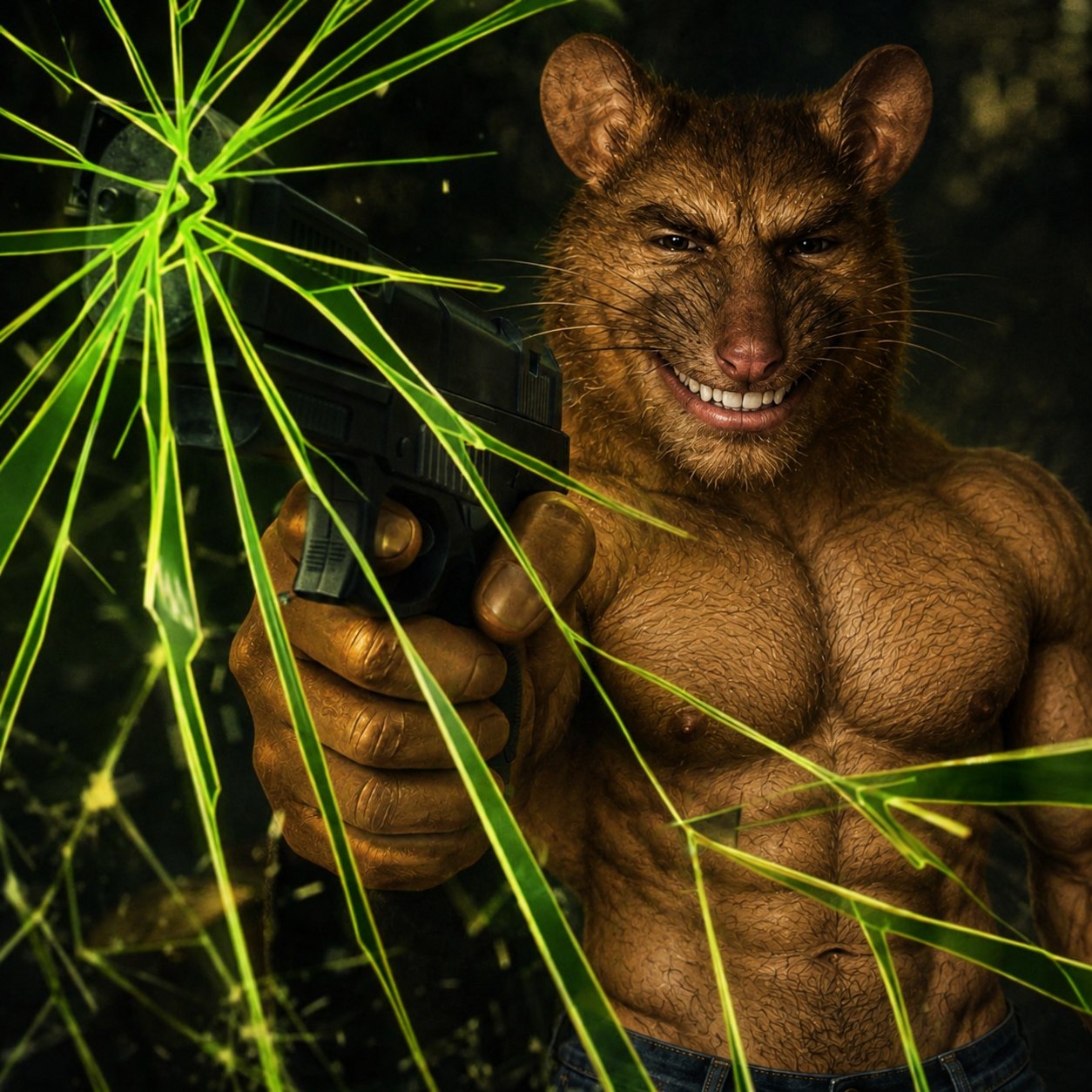 Gigarat breaking through neon green glass in an action scene