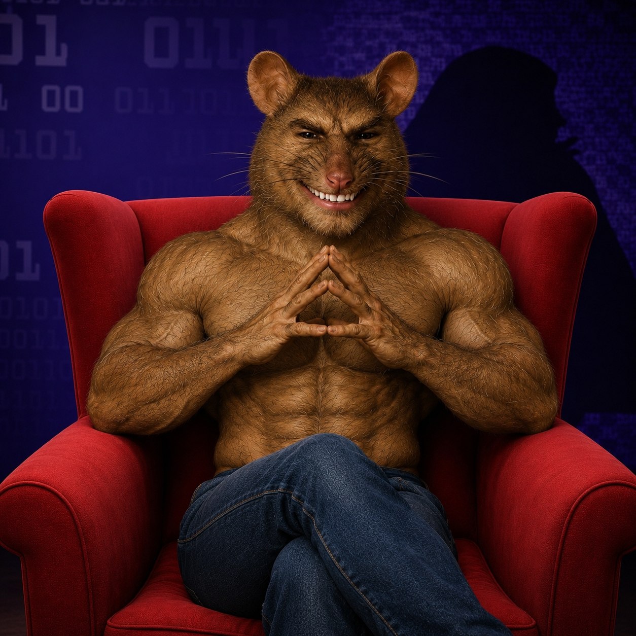 Gigarat seated in a red chair with hands folded like a mastermind