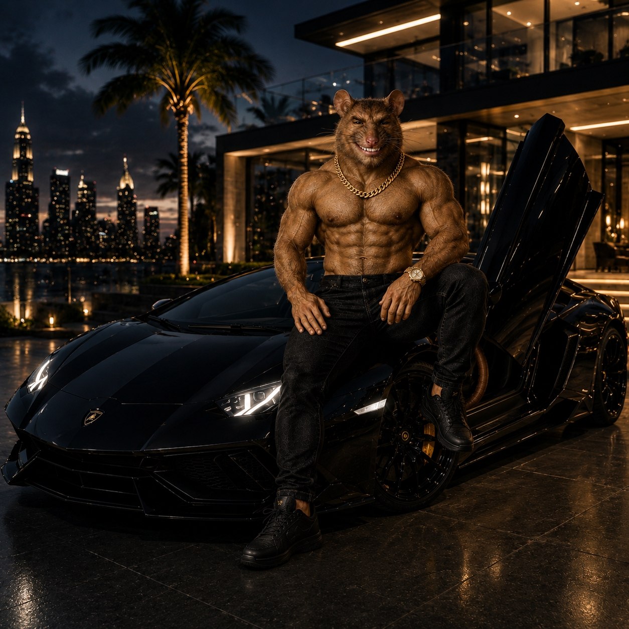 Gigarat sitting on a black sports car outside a modern mansion at night