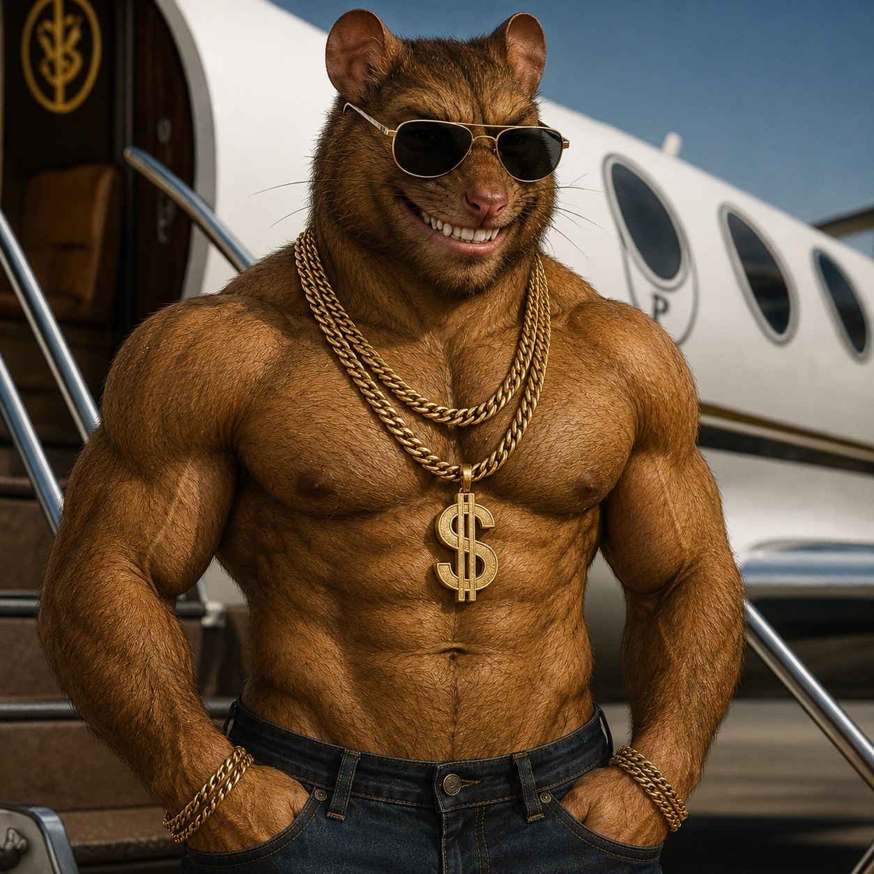 Gigarat wearing sunglasses and gold chains beside a private jet