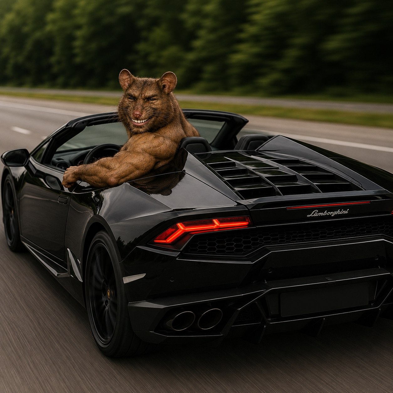 Gigarat riding in a black roadster on a highway