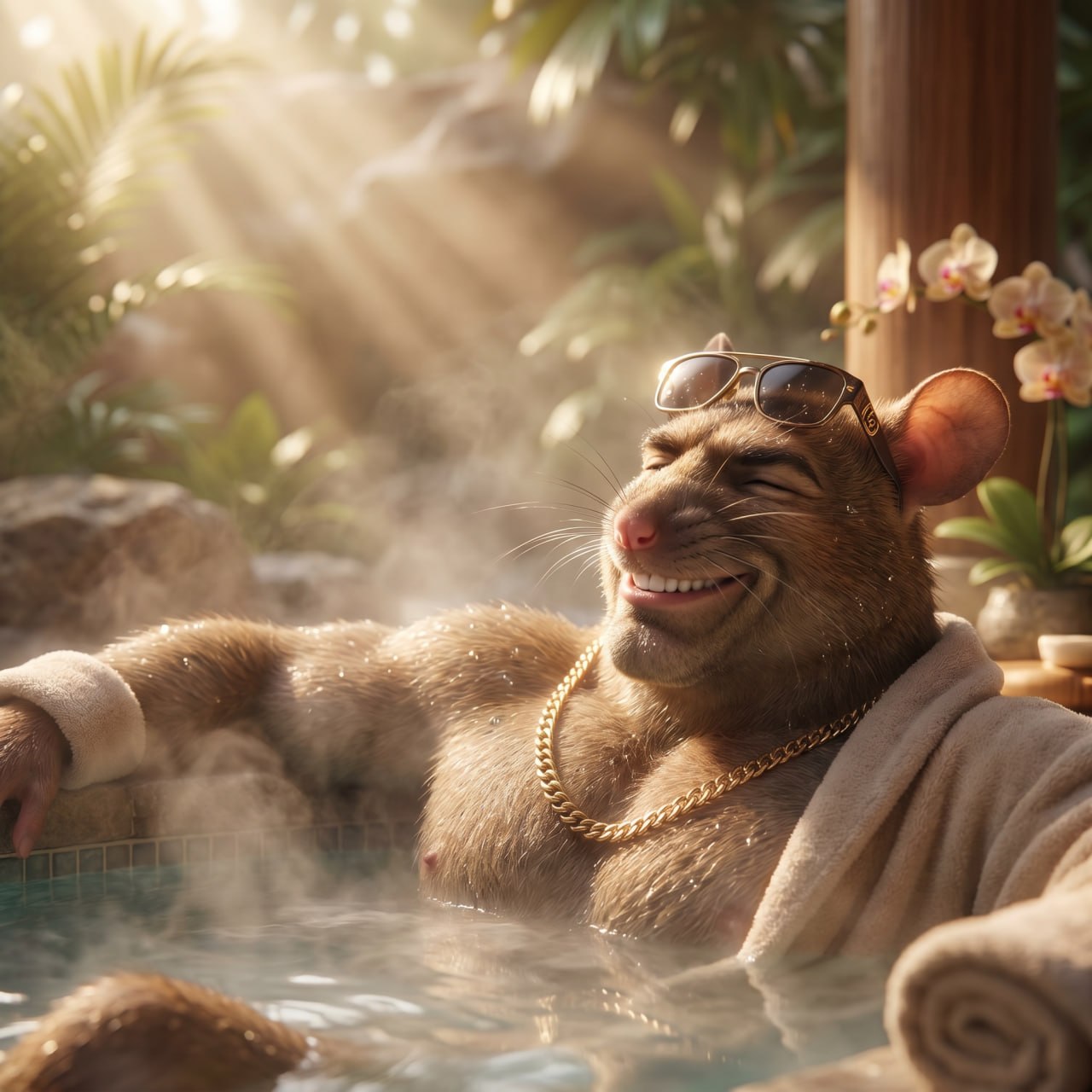 Gigarat relaxing in a luxury spa with sunglasses