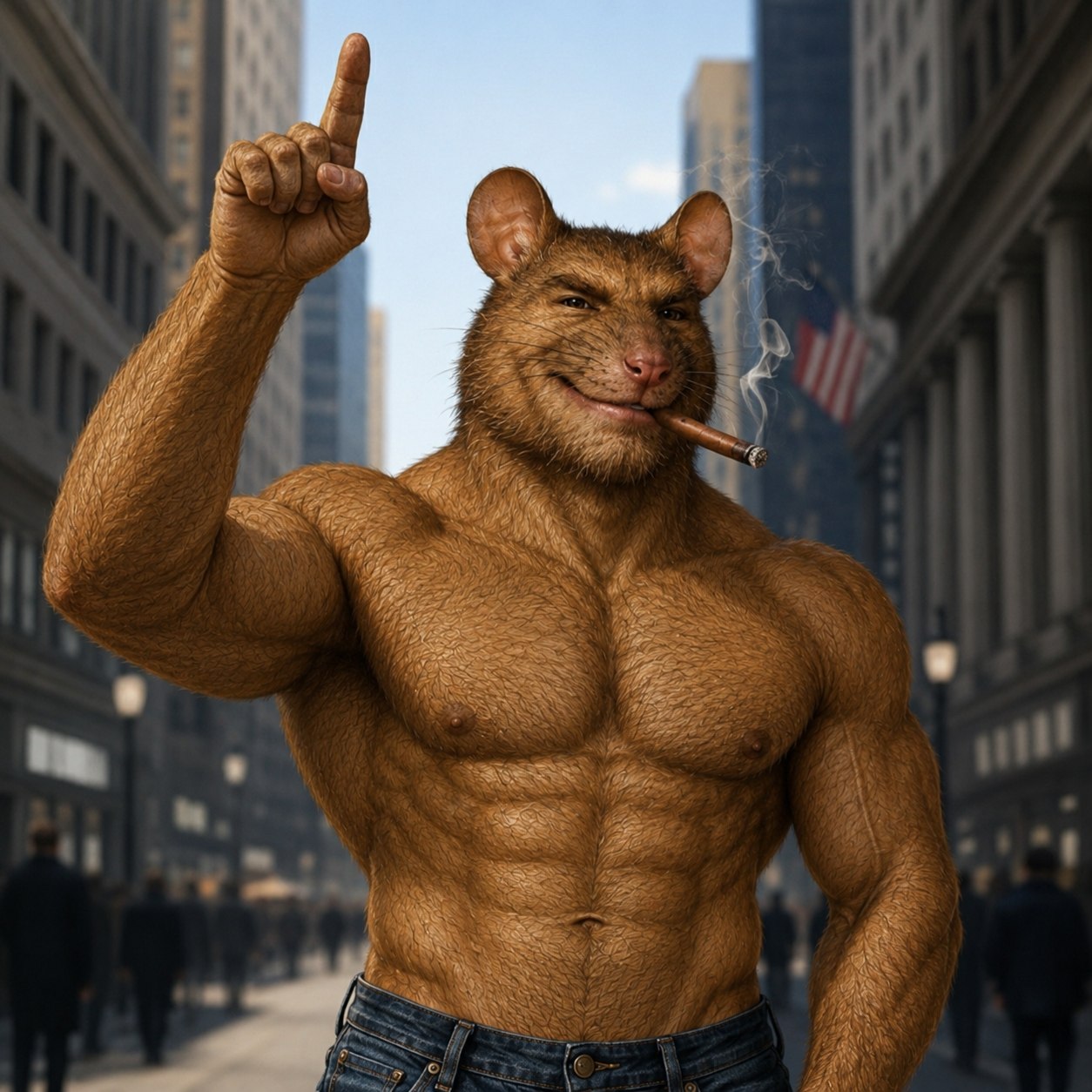 Gigarat in a city street pointing upward while smoking a cigar